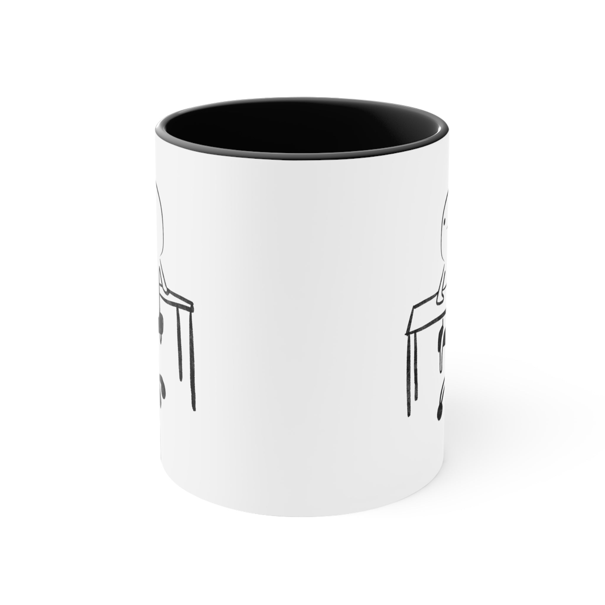 side view of white ceramic coffee mug with black handle and funny illustration of doodle person sitting at desk with the word "no"