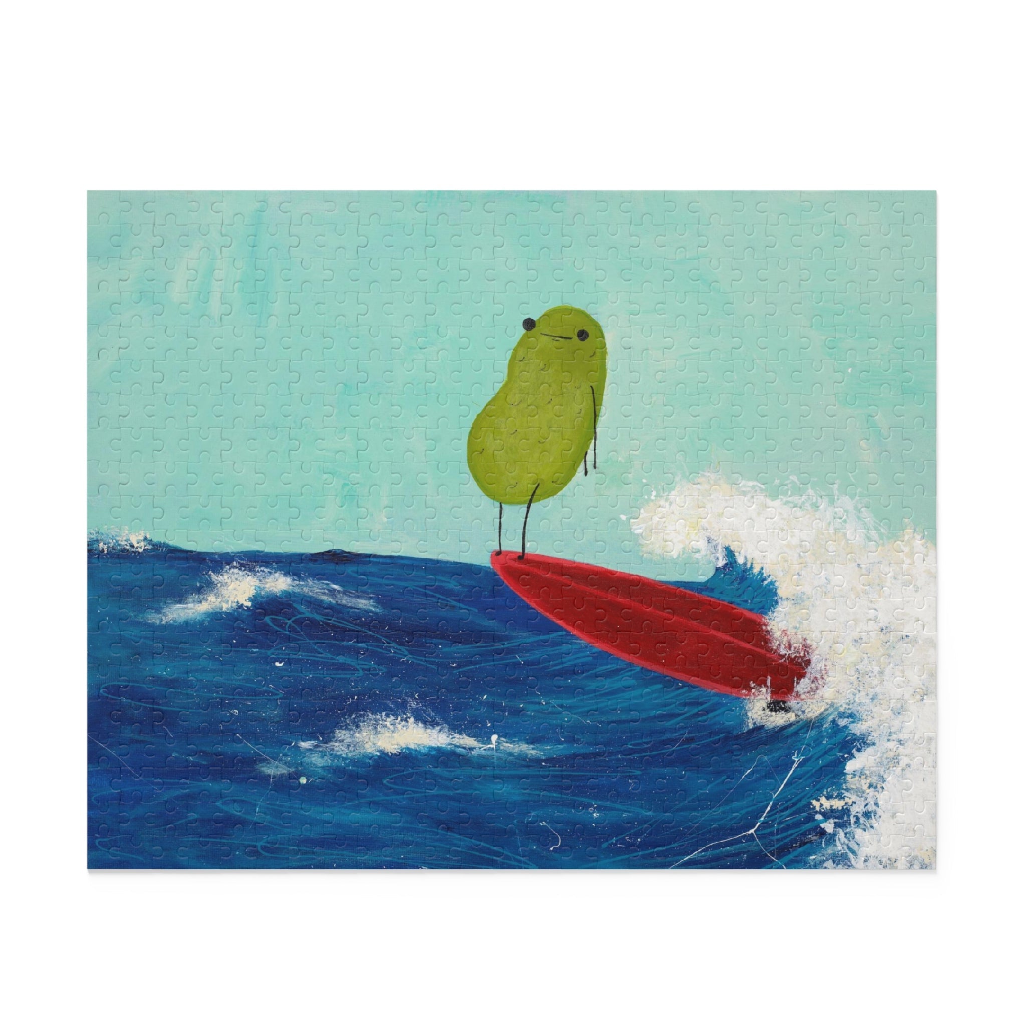 Image of a partially completed 500 piece jigsaw puzzle image containing a whimsical beach scene of a surfing pickle