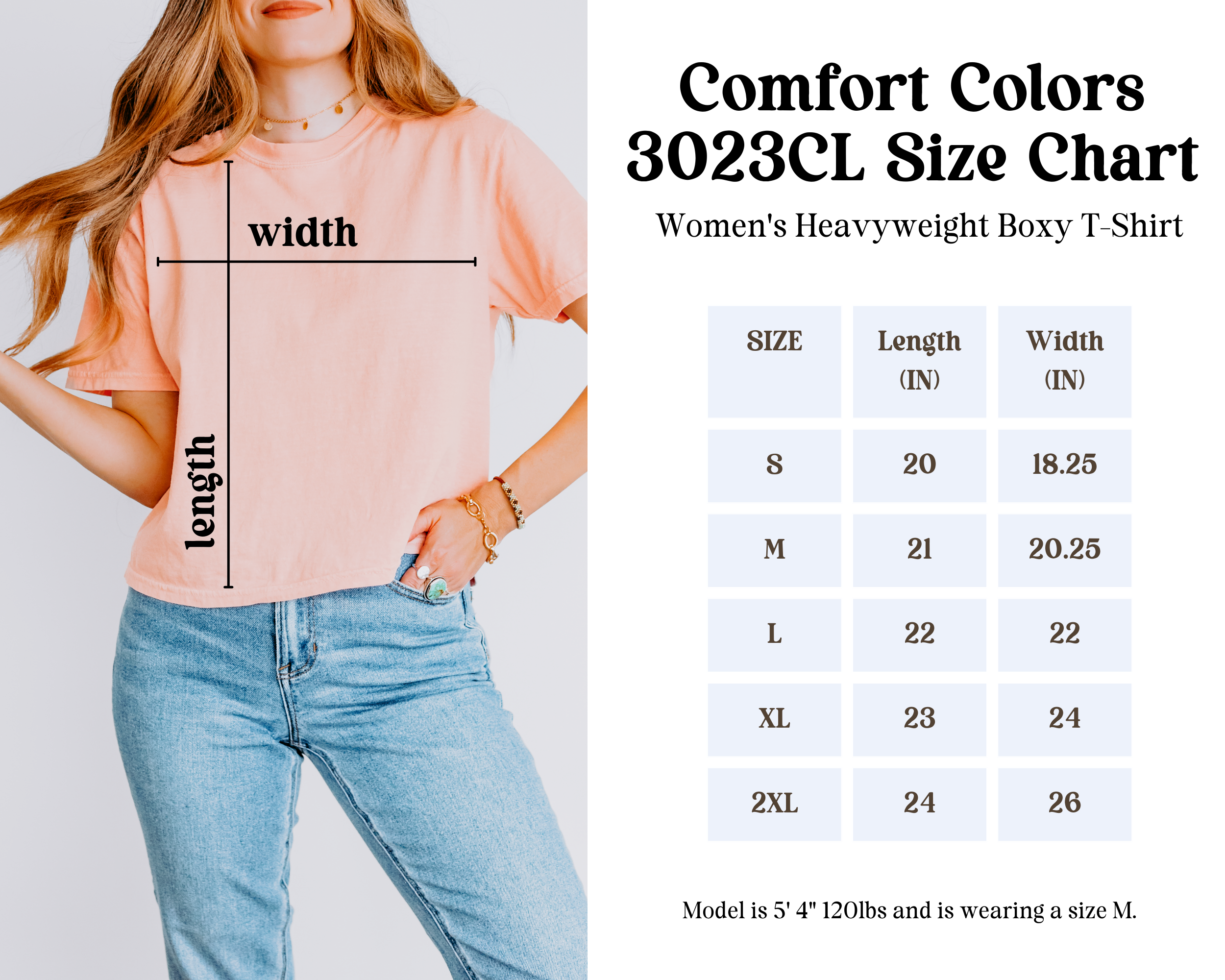 Size chart guide featuring product measurements