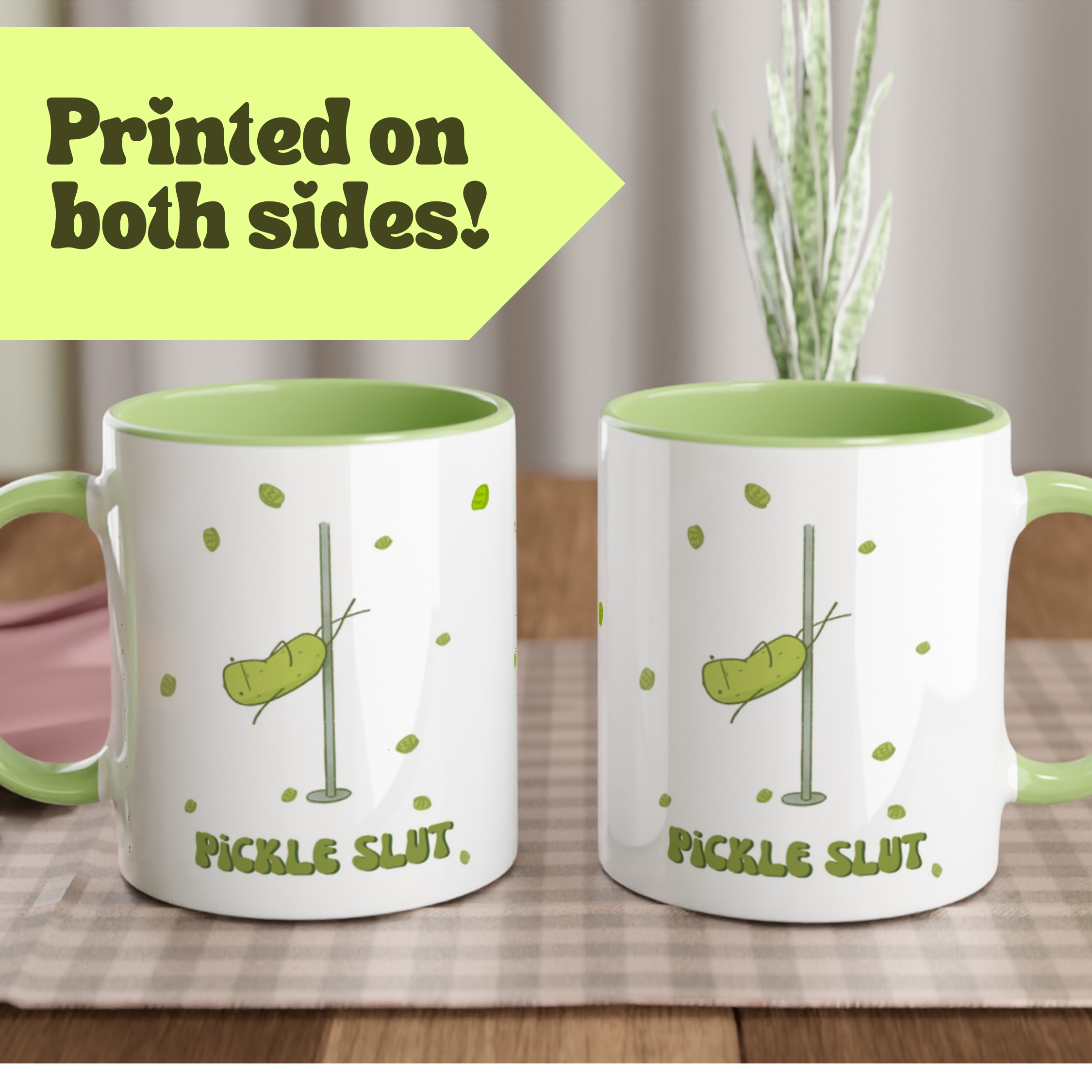 a pickle mug featuring a funny illustration of a cute pickle character pole dancing for pickle chips and text that says "pickle slut" is displayed on a checkered background