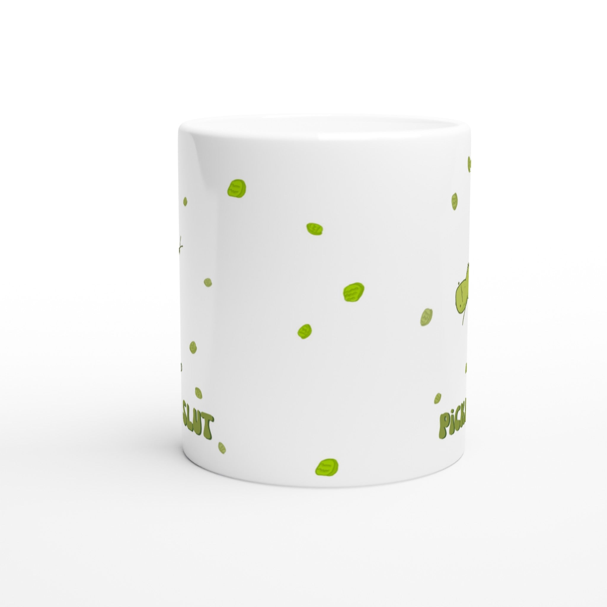 side view of a pickle mug featuring a funny illustration of a cute pickle character pole dancing for pickle chips and text that says "pickle slut" over a white background