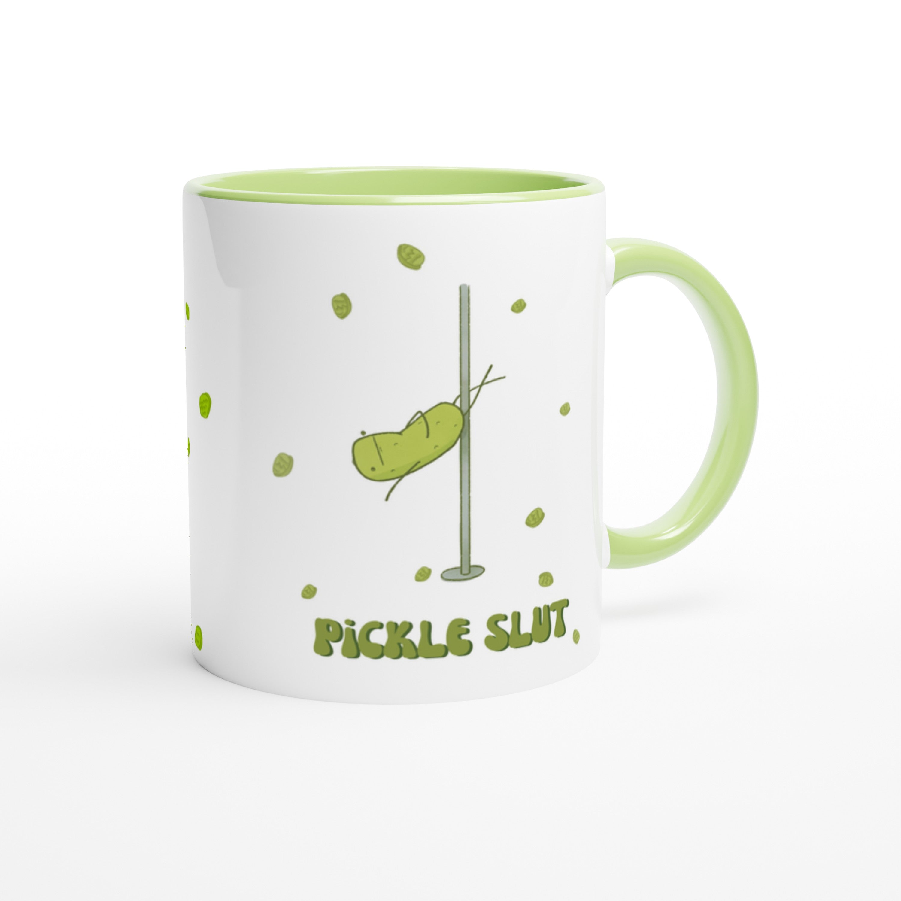 a pickle mug featuring a funny illustration of a cute pickle character pole dancing for pickle chips and text that says "pickle slut" is displayed on a white background