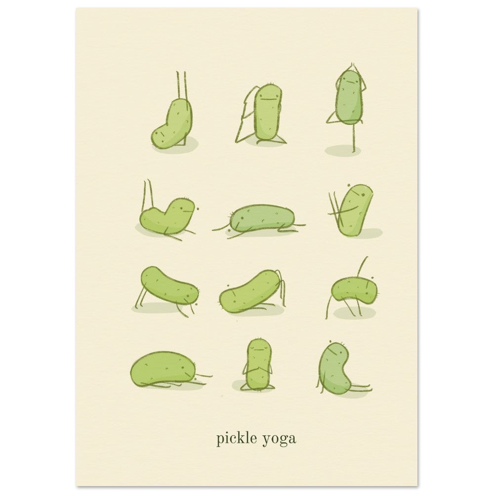 a funny pickle art print features a cute pickle in various yoga poses over text at the bottom that reads "pickle yoga"