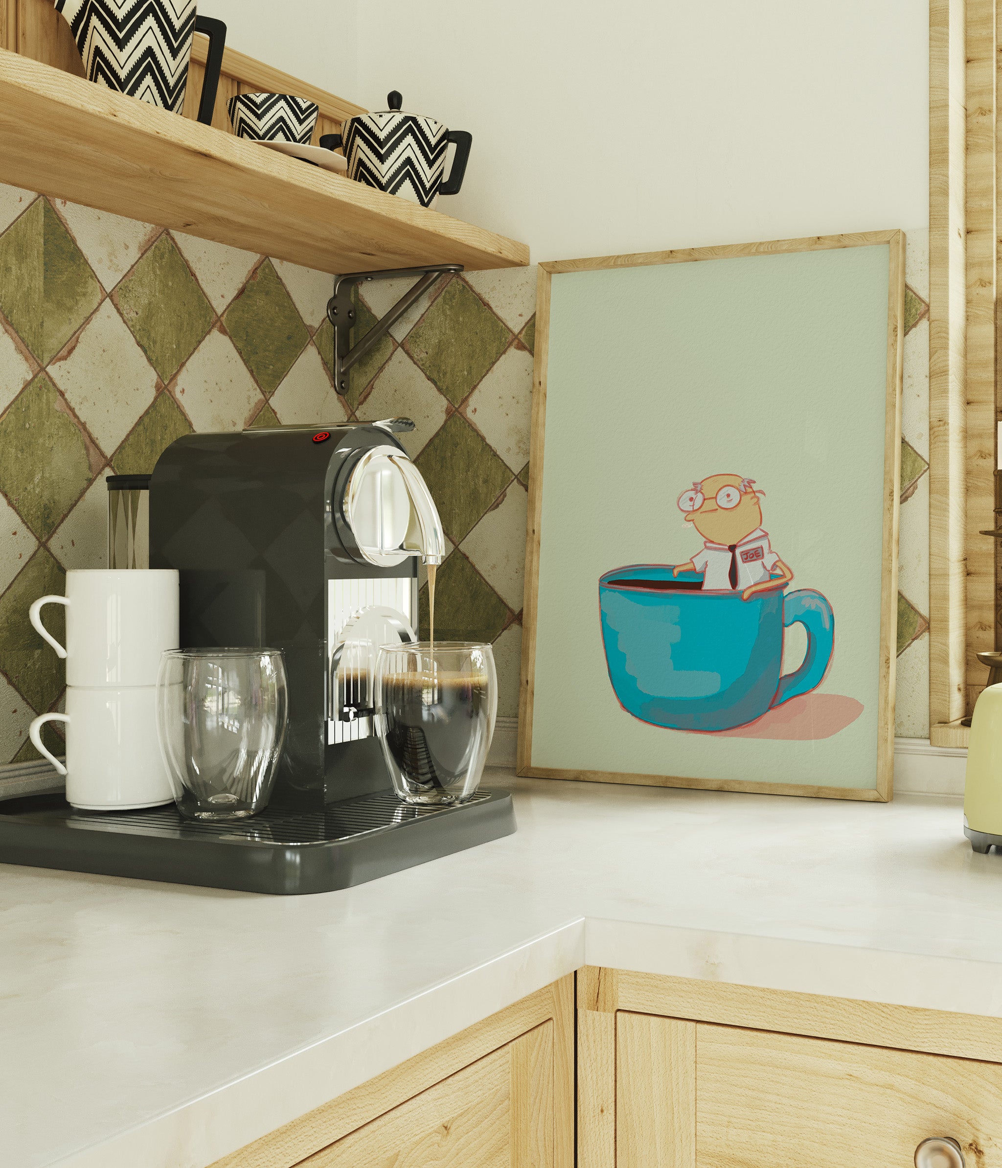 cute coffee pun artwork is displayed in a coffee station