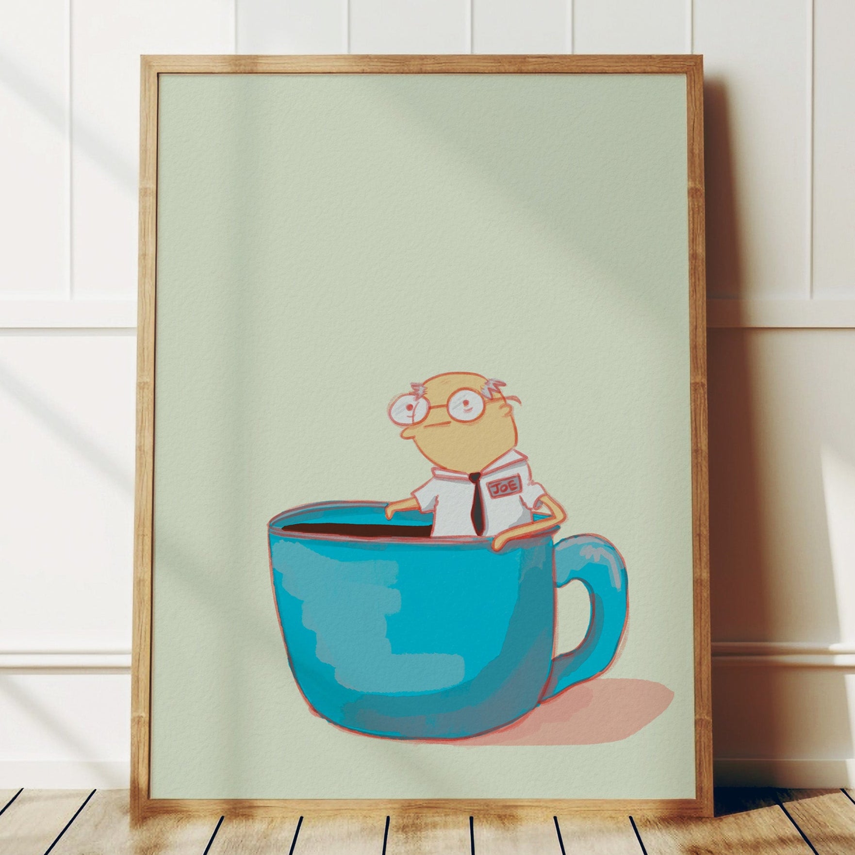 Illustration of a cute old man named Joe sitting in a coffee cup – coffee pun artwork