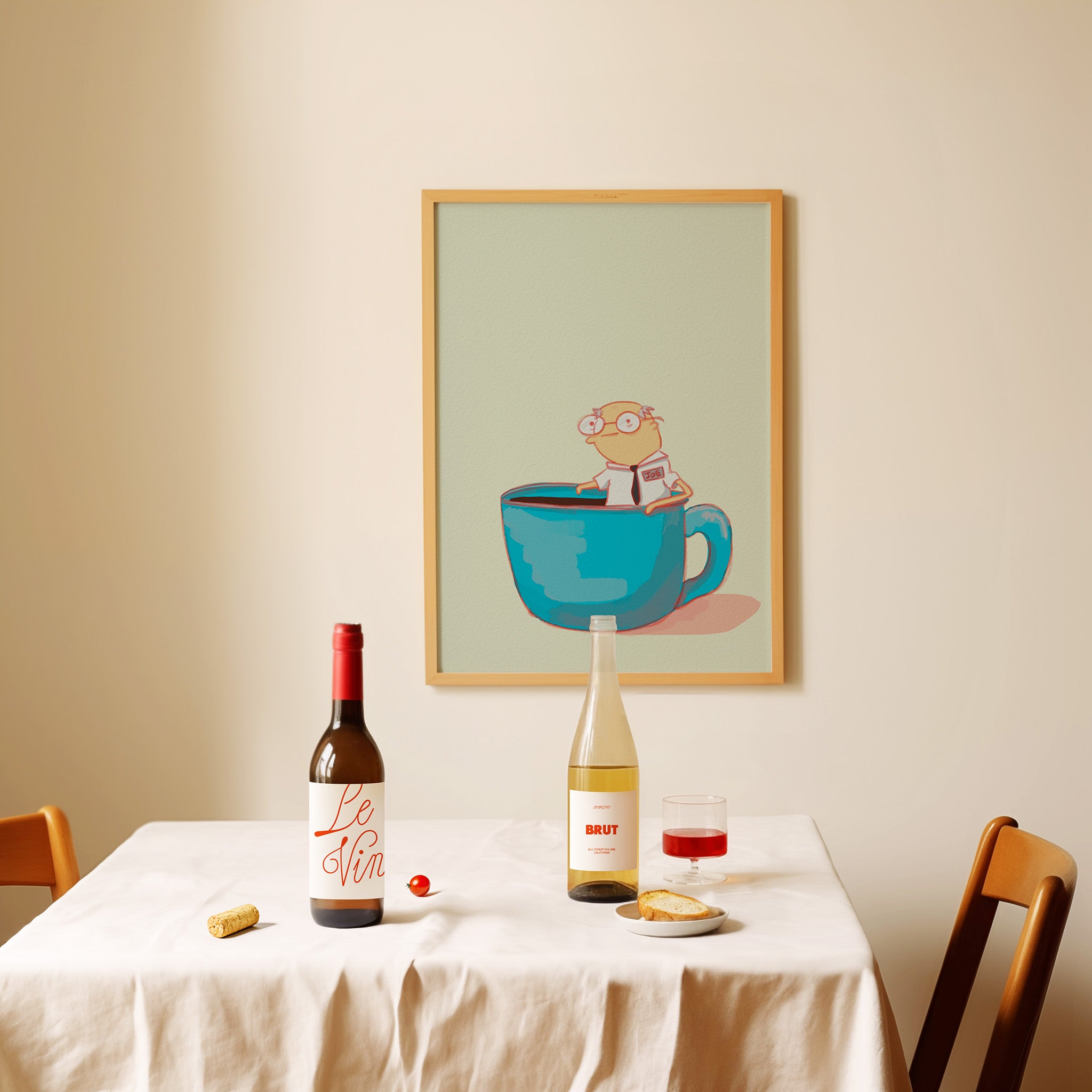 Illustration of a cute old man named Joe sitting in a coffee cup – coffee pun artwork displayed in a dining room
