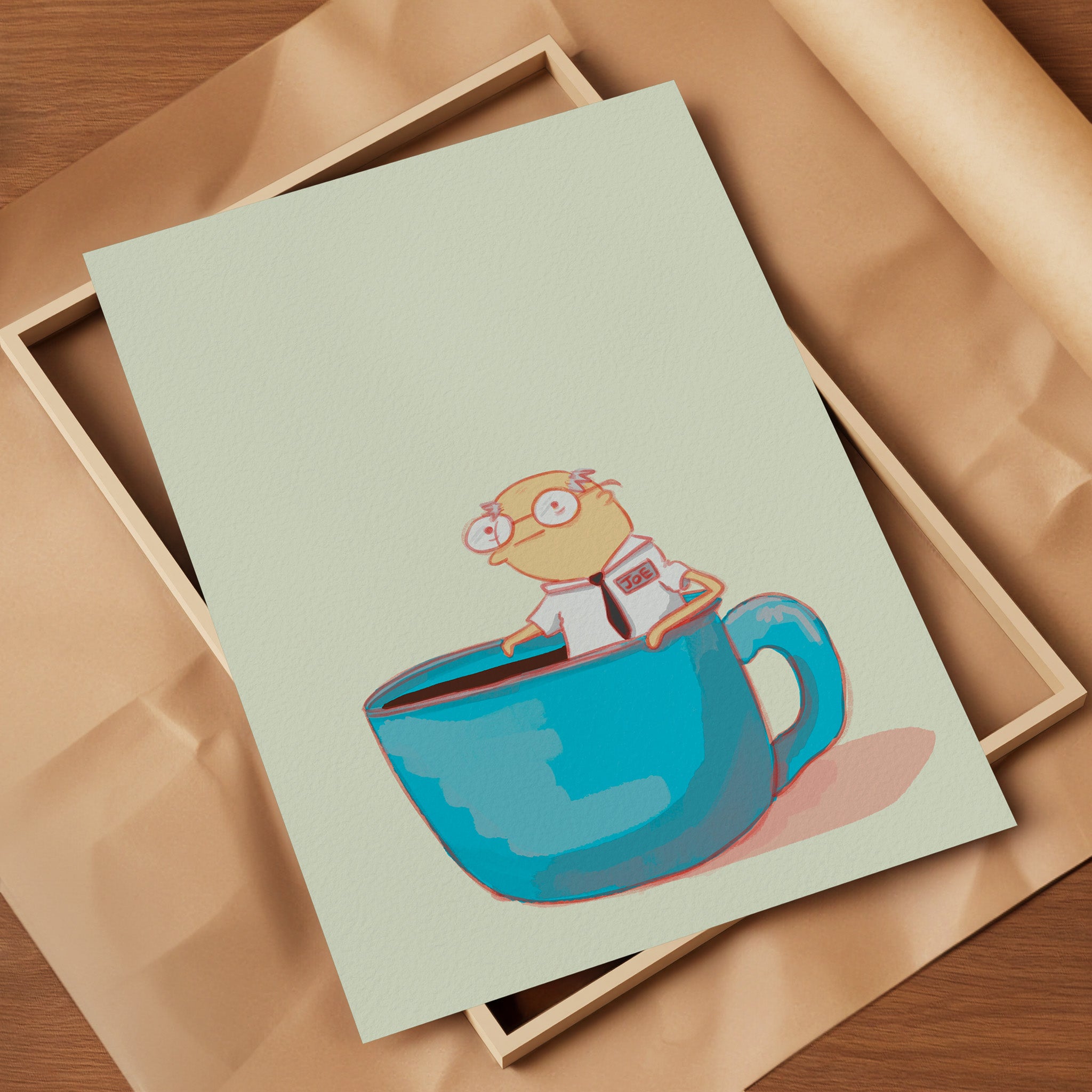 a coffee pun art print is displayed on packing materials demonstrating product specs