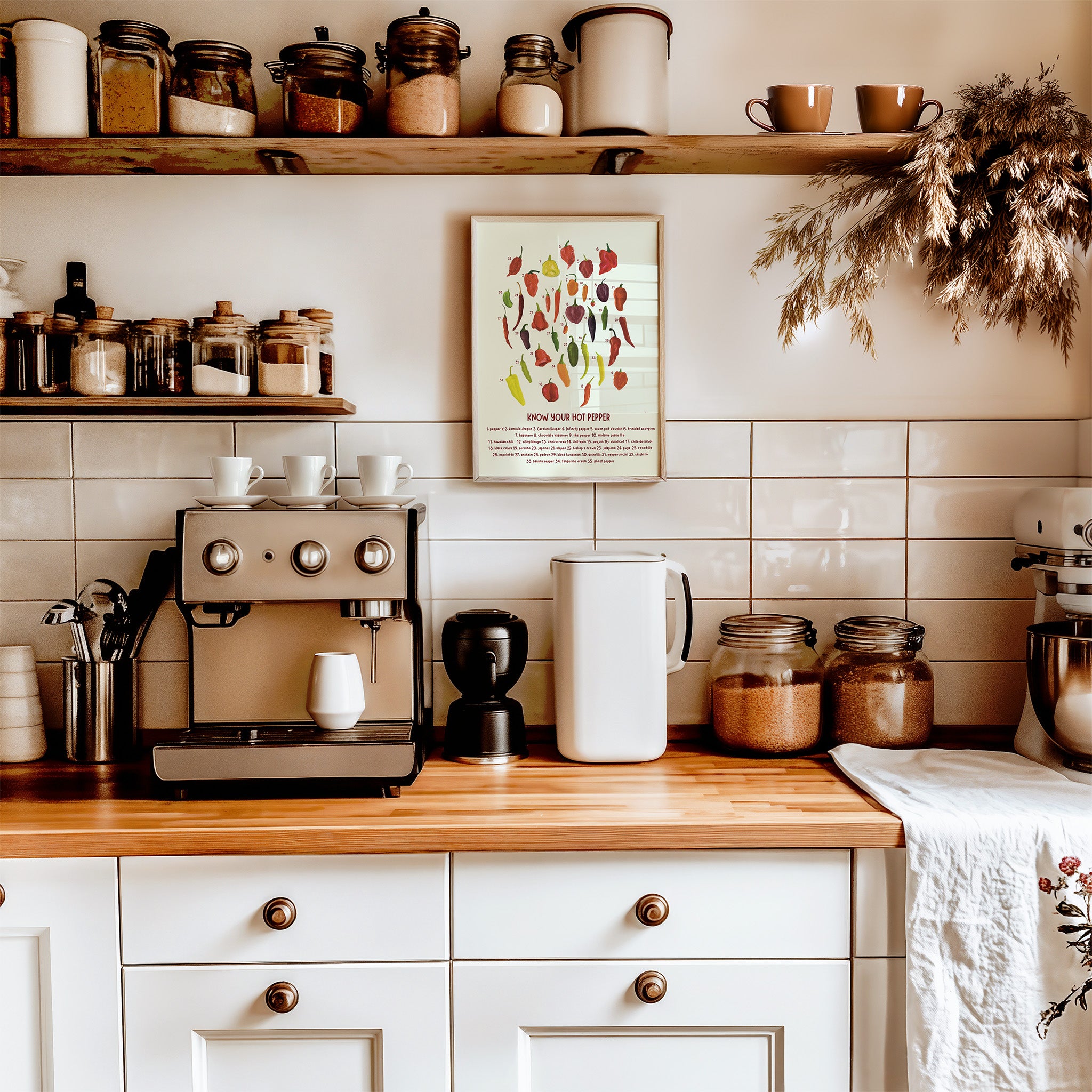 a hot chili pepper chart art print with an assortment of painted chilis are numbered over text that reads "know your hot pepper" with names of the numbered chili peppers is displayed framed on the wall of a cute rustic kitchen with spice jars