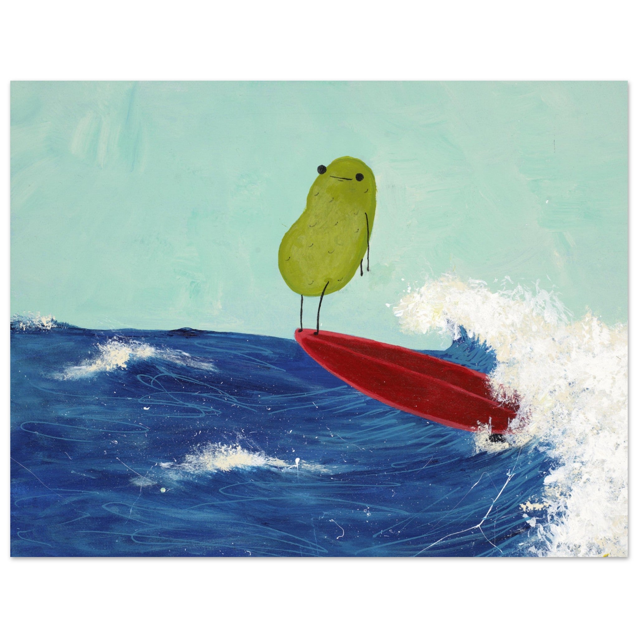 a pickle art print featuring a cute pickle riding a red surfboard on a wave