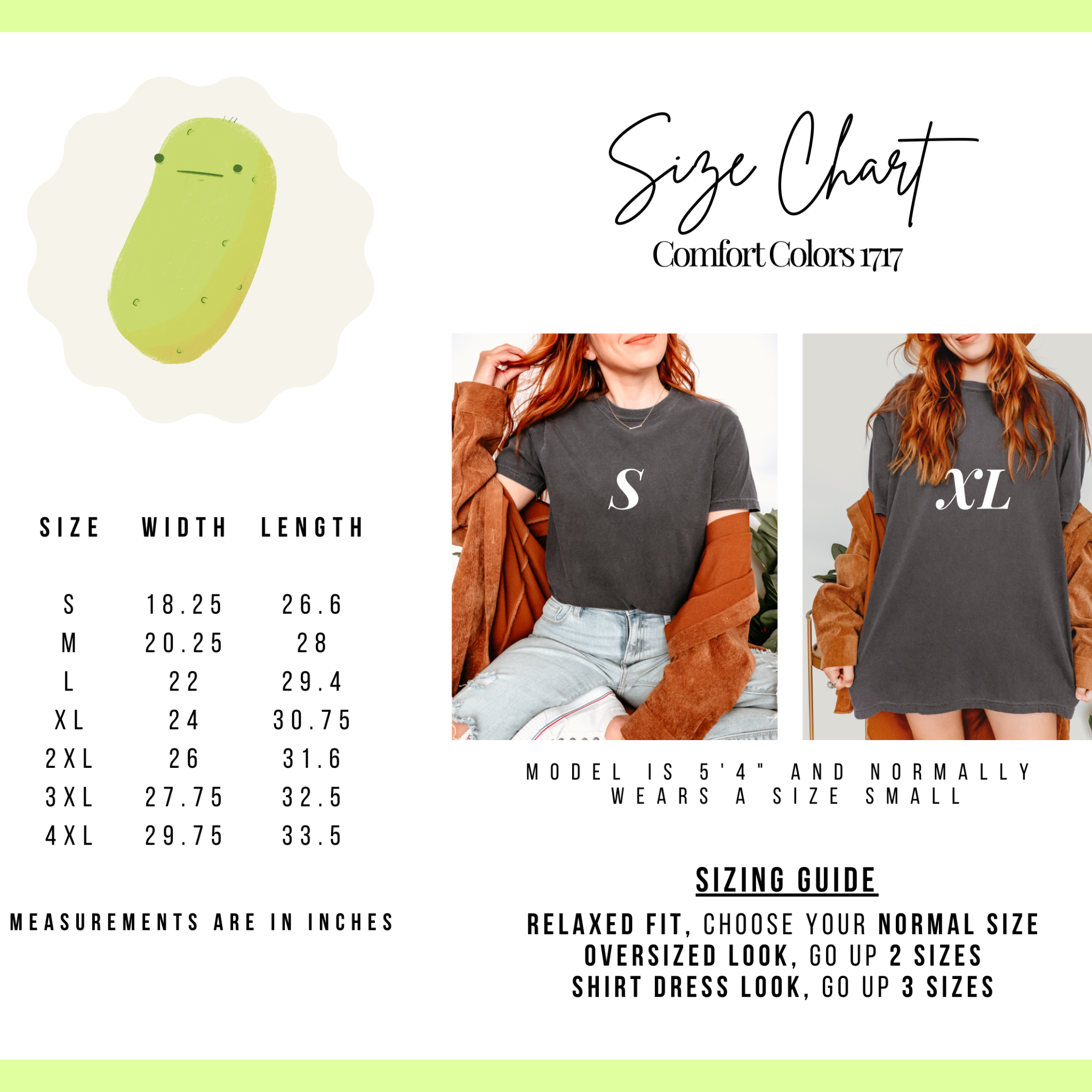A size chart guide for buyers displaying product measurements