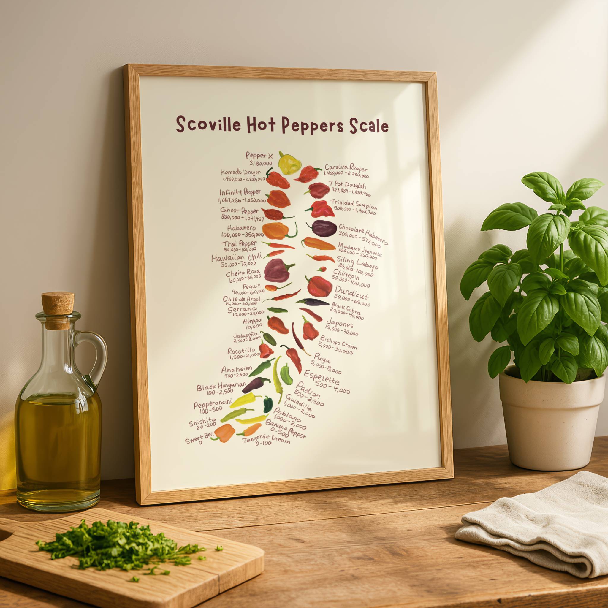 chili pepper print is displayed in a wooden frame on a kitchen counter next to a basil plant and olive oil jar