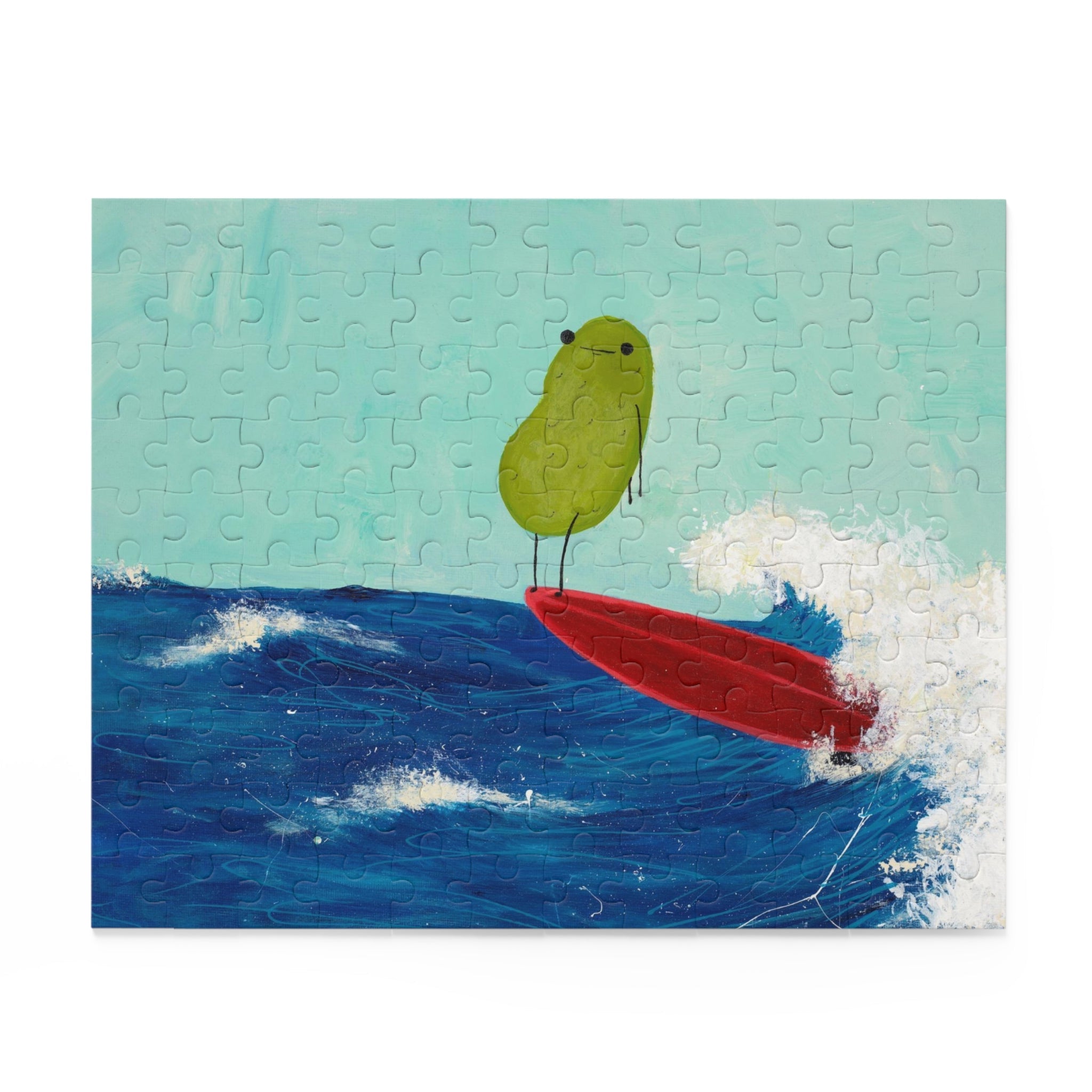 Image of a completed 120 piece jigsaw puzzle image containing a whimsical beach scene of a surfing pickle