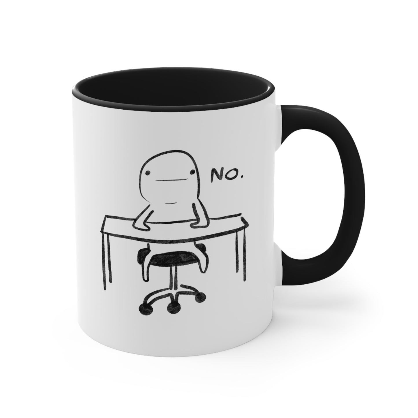 front view of white ceramic coffee mug with black handle and funny illustration of doodle person sitting at desk with the word "no" with white background