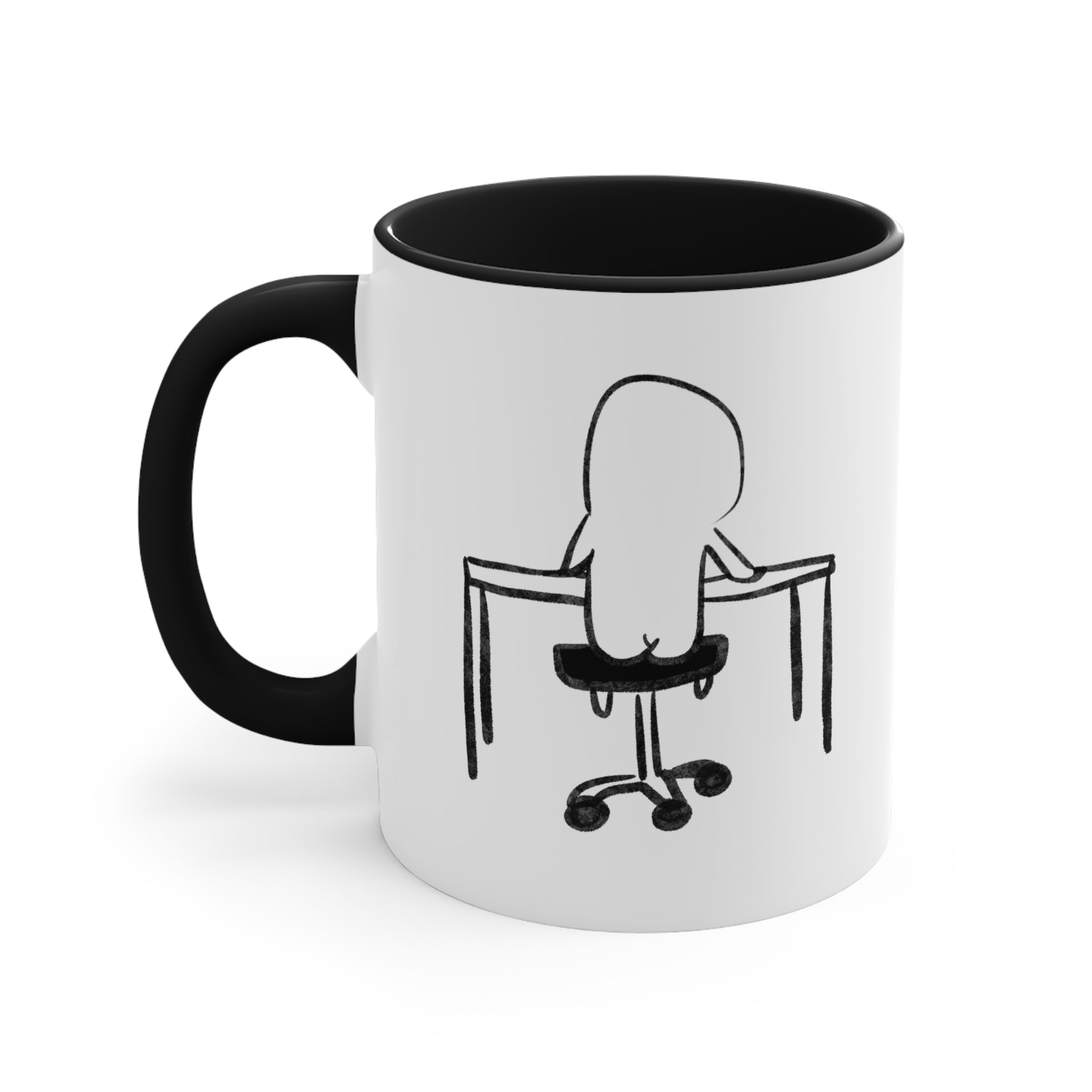 back view of white ceramic coffee mug with black handle and funny illustration of doodle person sitting at desk with the word "no" 