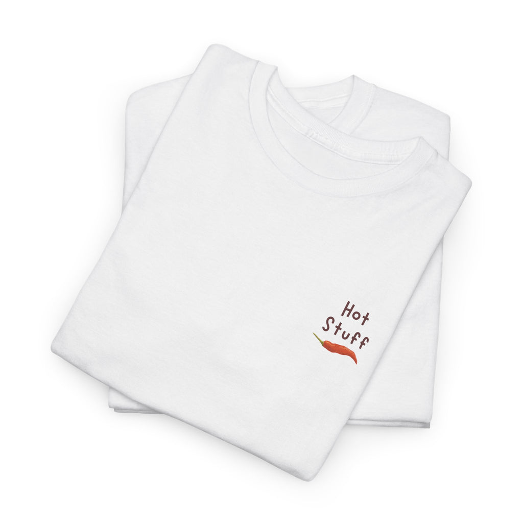 a folded T-shirt showcasing the logo design of a chili pepper and logo that says "hot stuff"