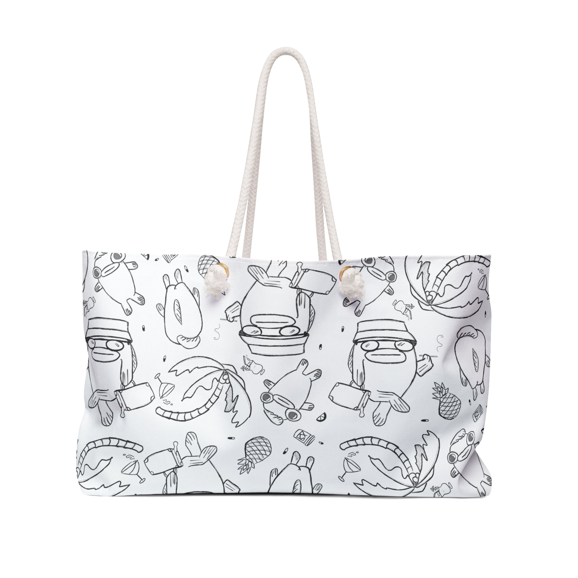 Black and white beach totes featuring funky fish characters in a style that pays tribute to fear and loathing in las vegas