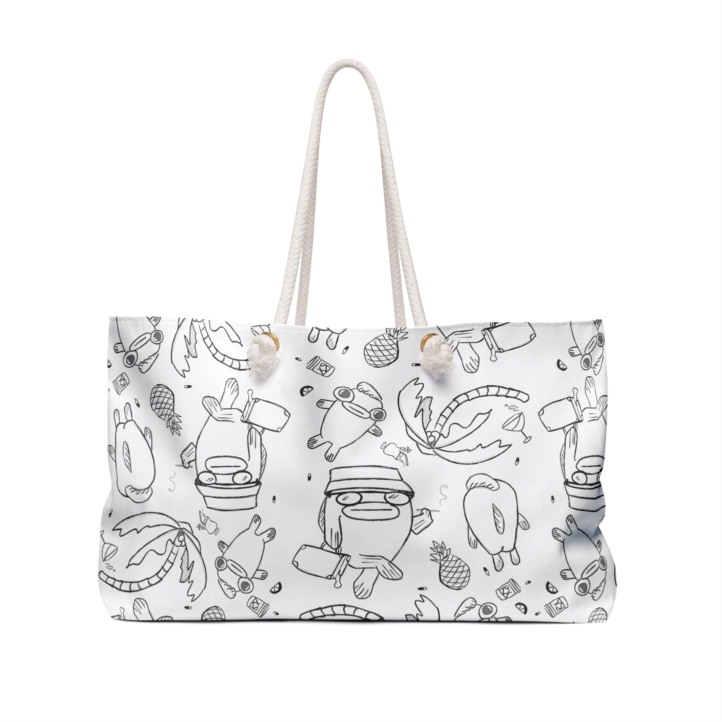 back view of Black and white beach totes featuring funky fish characters