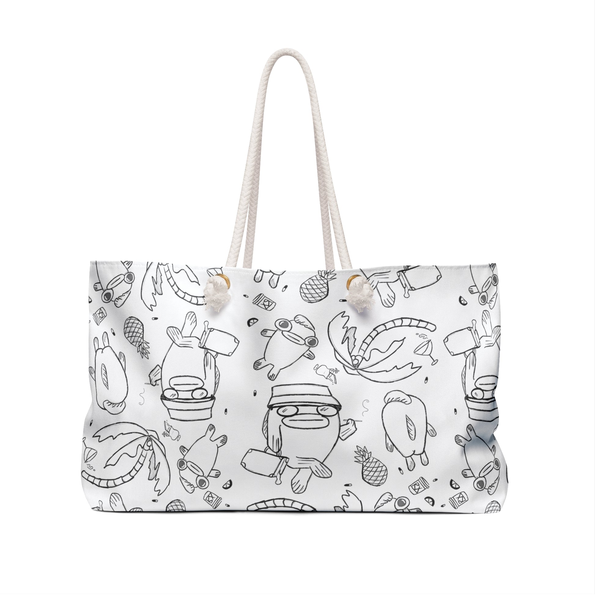 back view of Black and white beach totes featuring funky fish characters