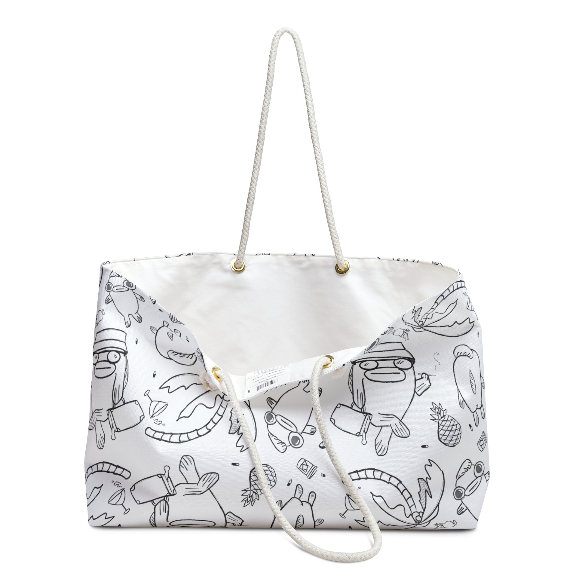 inside view of Black and white beach totes featuring funky fish characters