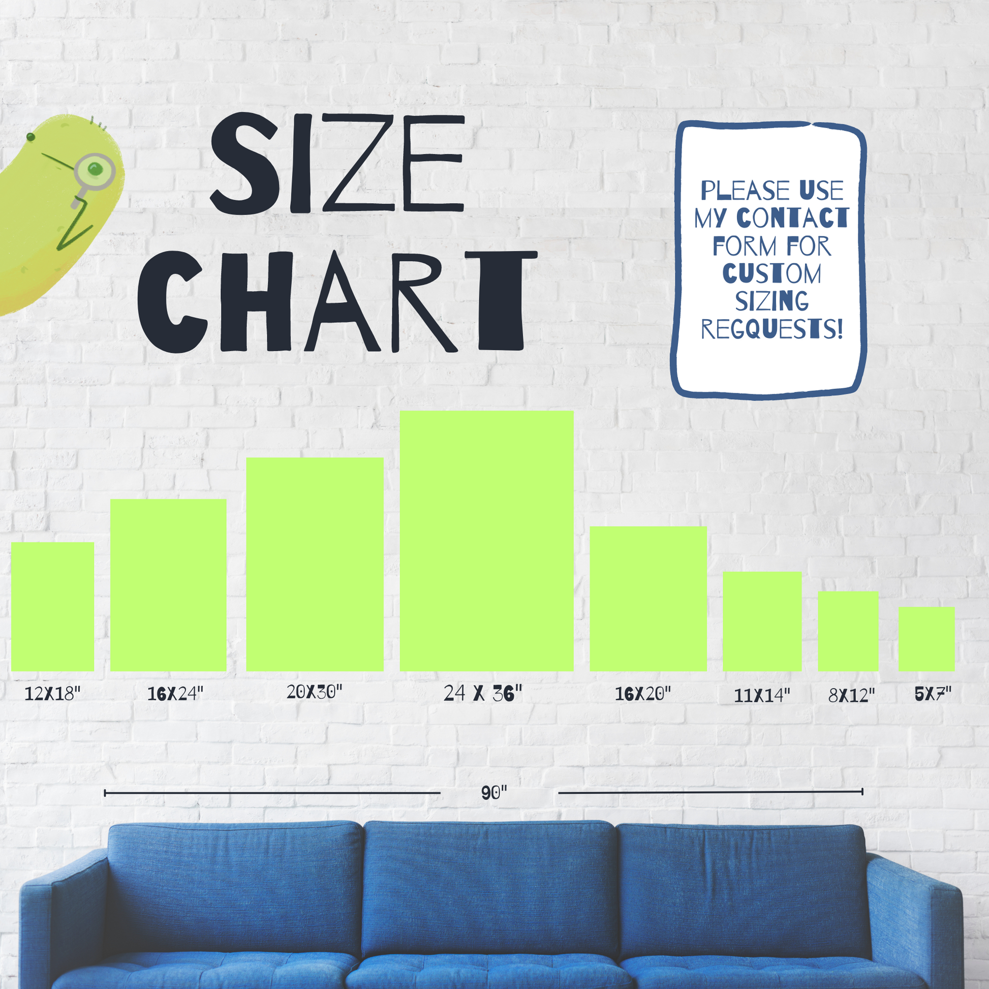 a size chart indicating different art print sizing options