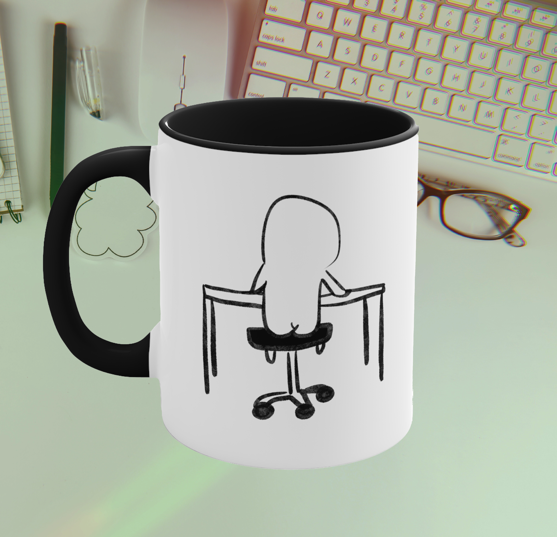 back view of white ceramic coffee mug with black handle and funny illustration of doodle person sitting at desk with the word "no" , back print design of person with butt crack in chair