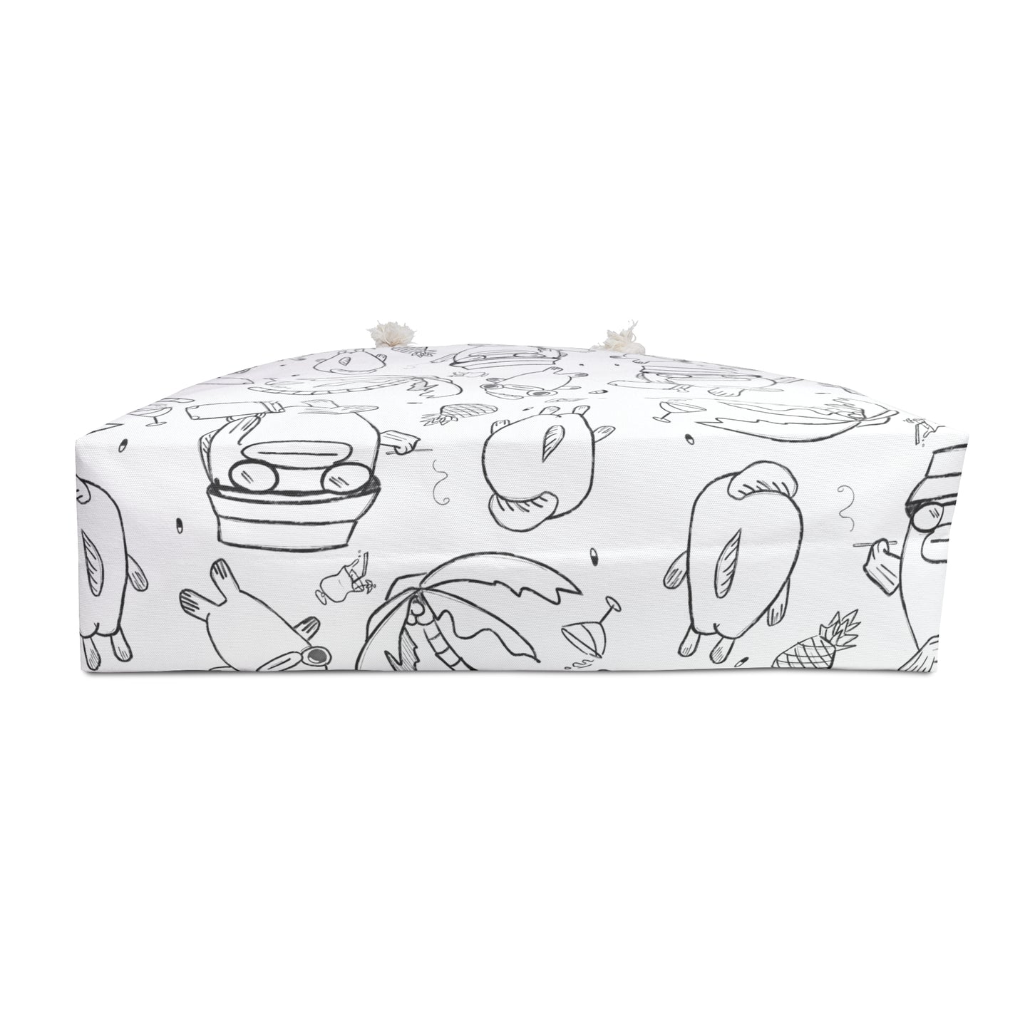 bottom view of Black and white beach totes featuring funky fish characters