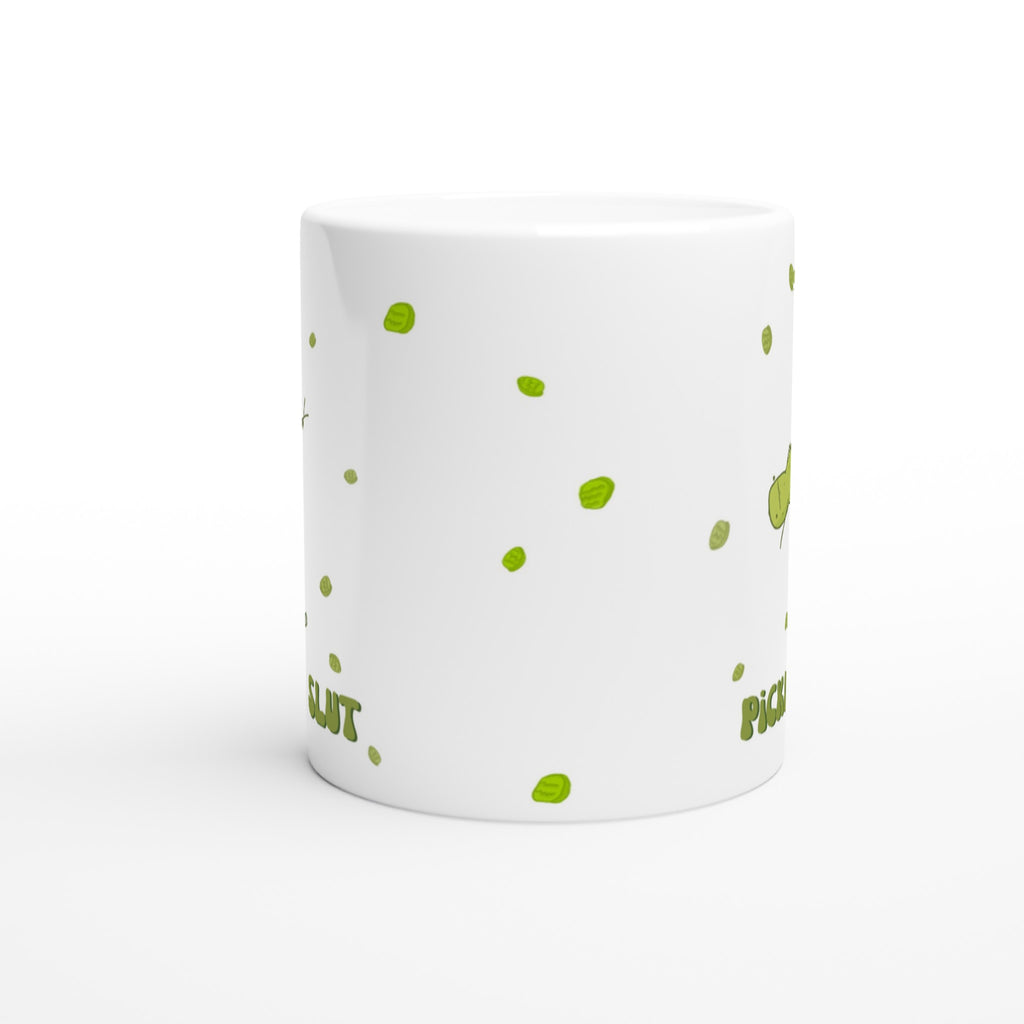 side view of a pickle mug featuring a funny illustration of a cute pickle character pole dancing for pickle chips and text that says "pickle slut" over a white background
