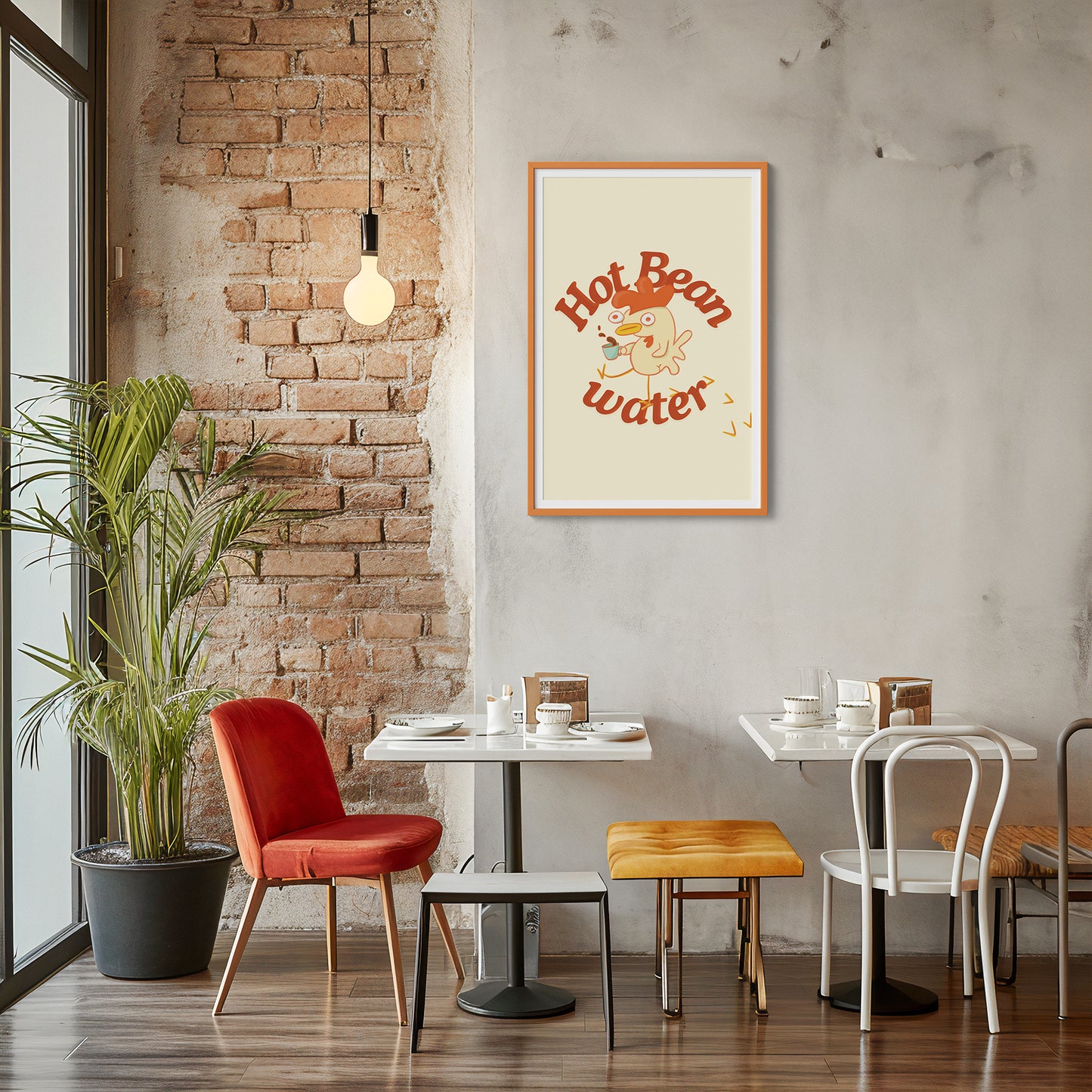 a funny coffee art print that features a chicken holding a cup of coffee next to text that reads &quot;hot bean water&quot; is displayed in an orange frame on the wall of a trendy cafe