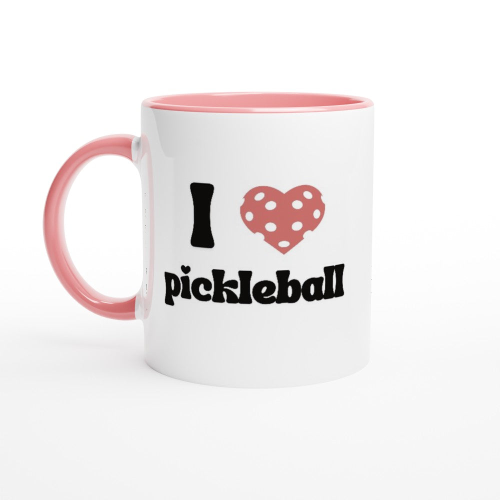 front view of a pickleball mug with a quote that says "I heart pickleball" with pink accents