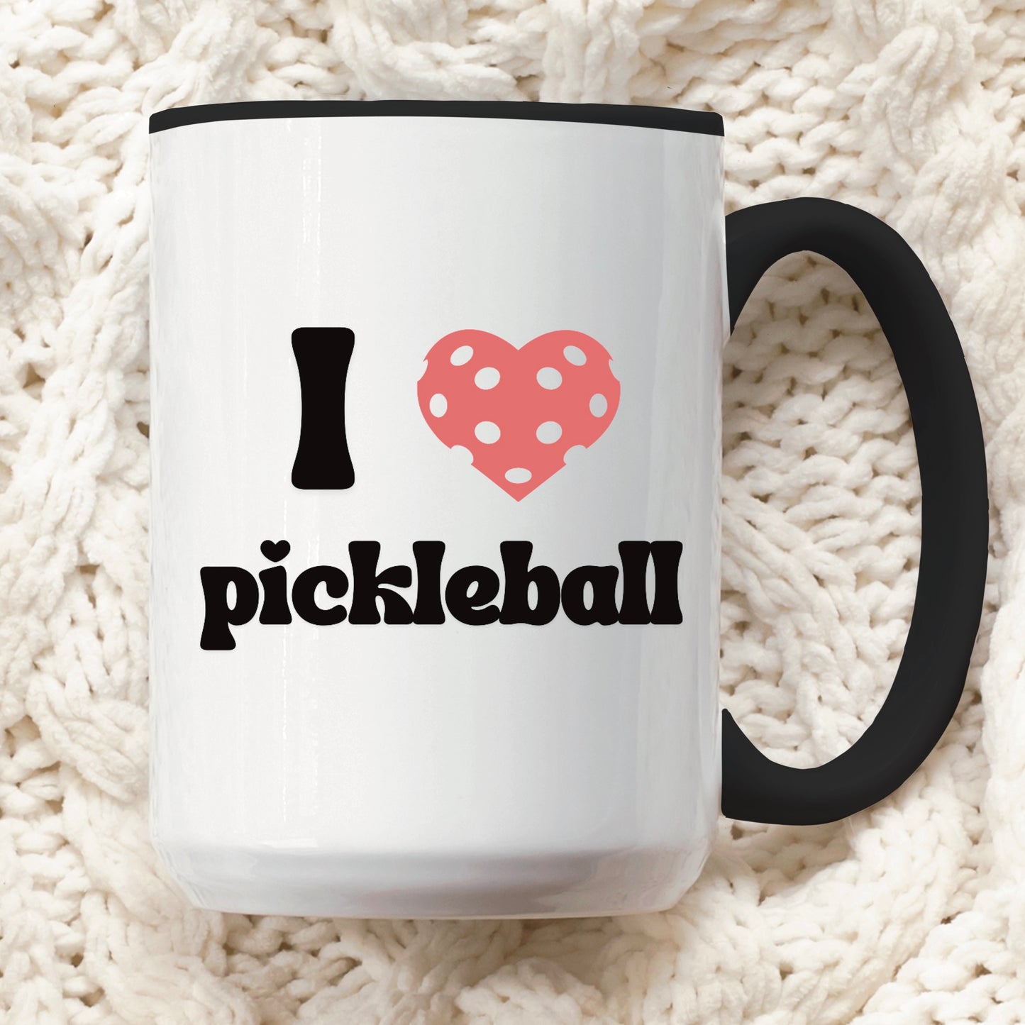 pickleball mug with a quote that says "I heart pickleball" with illustration of pink pickleball shaped heart