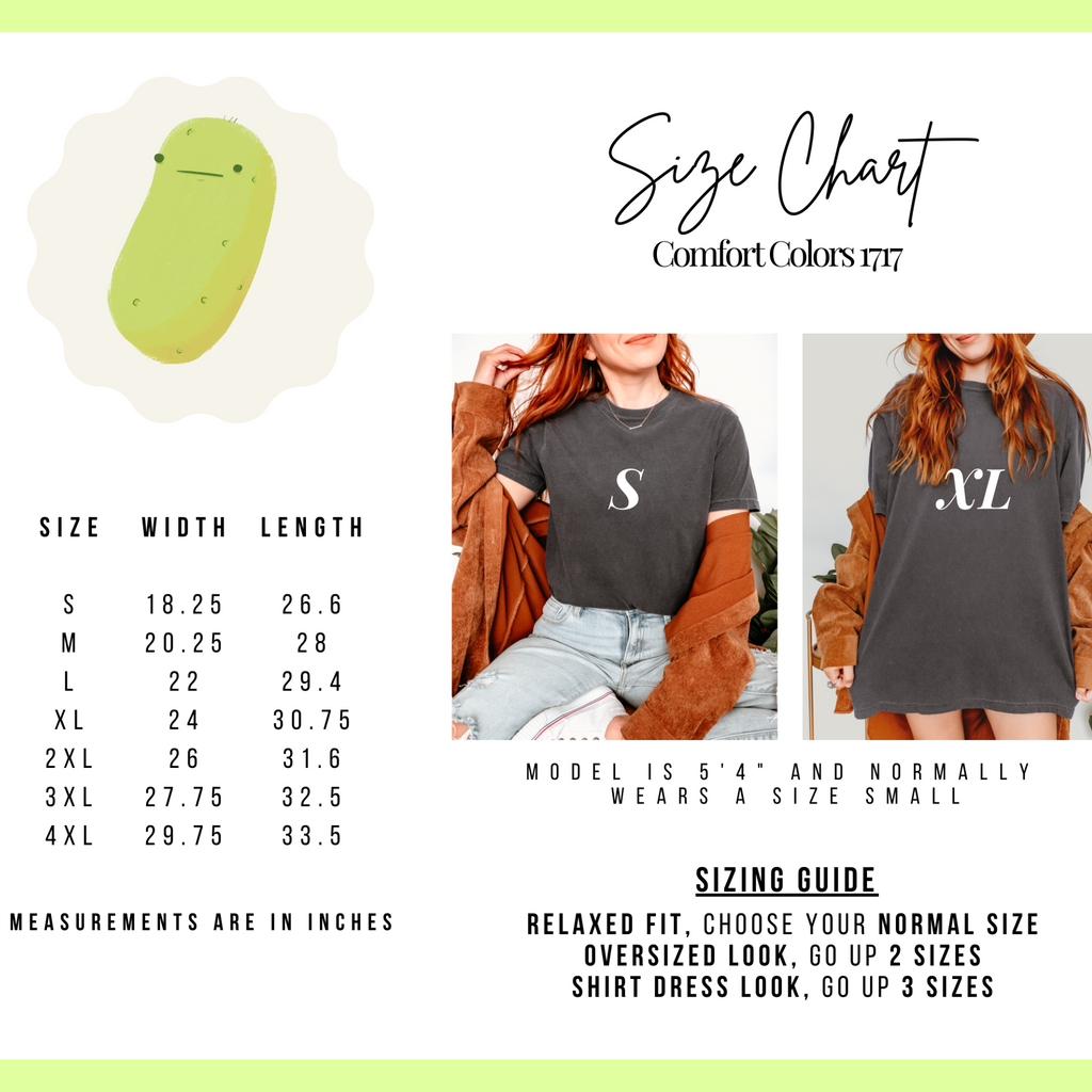 A size chart guide for buyers displaying product measurements