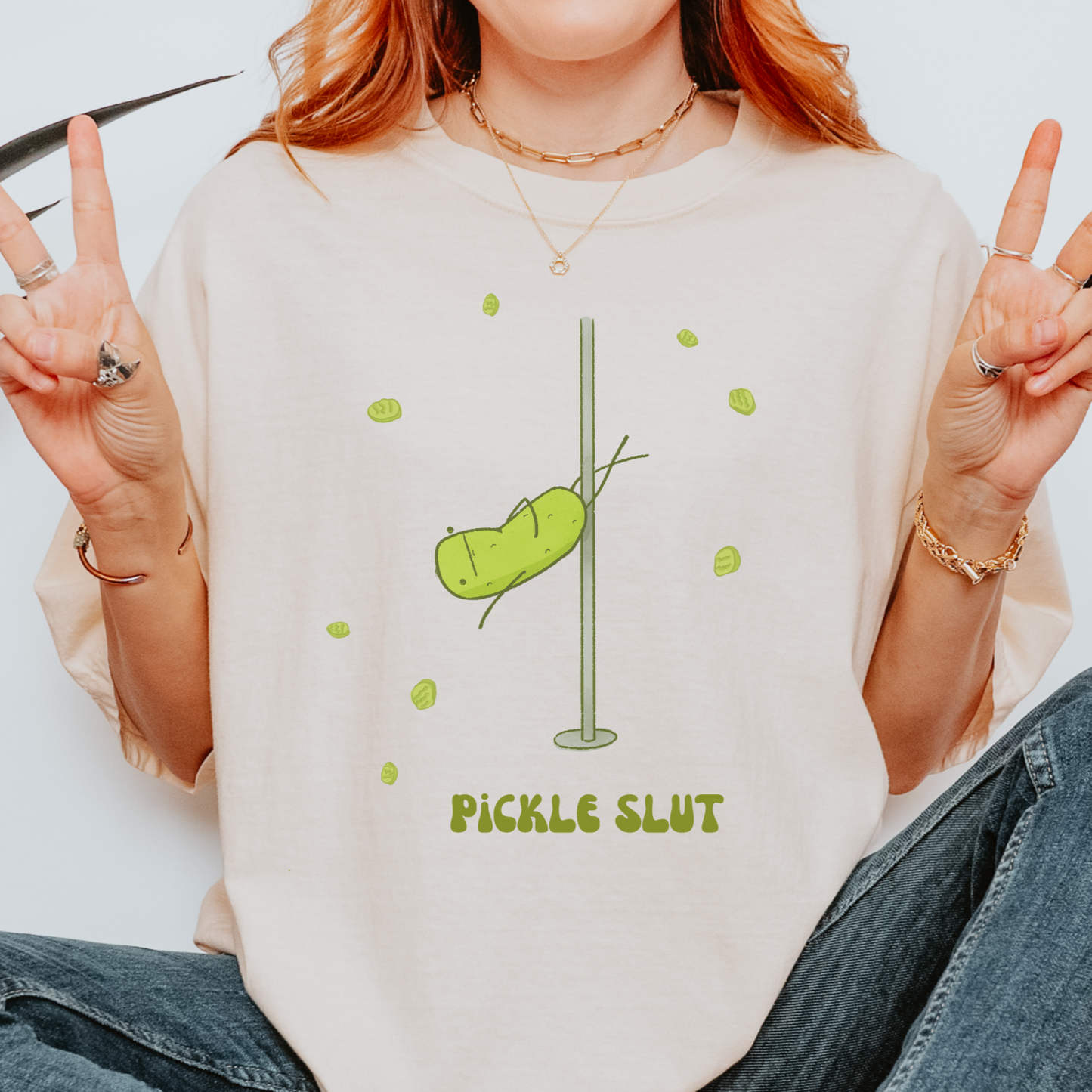 girl wearing a funny pickle slut t shirt