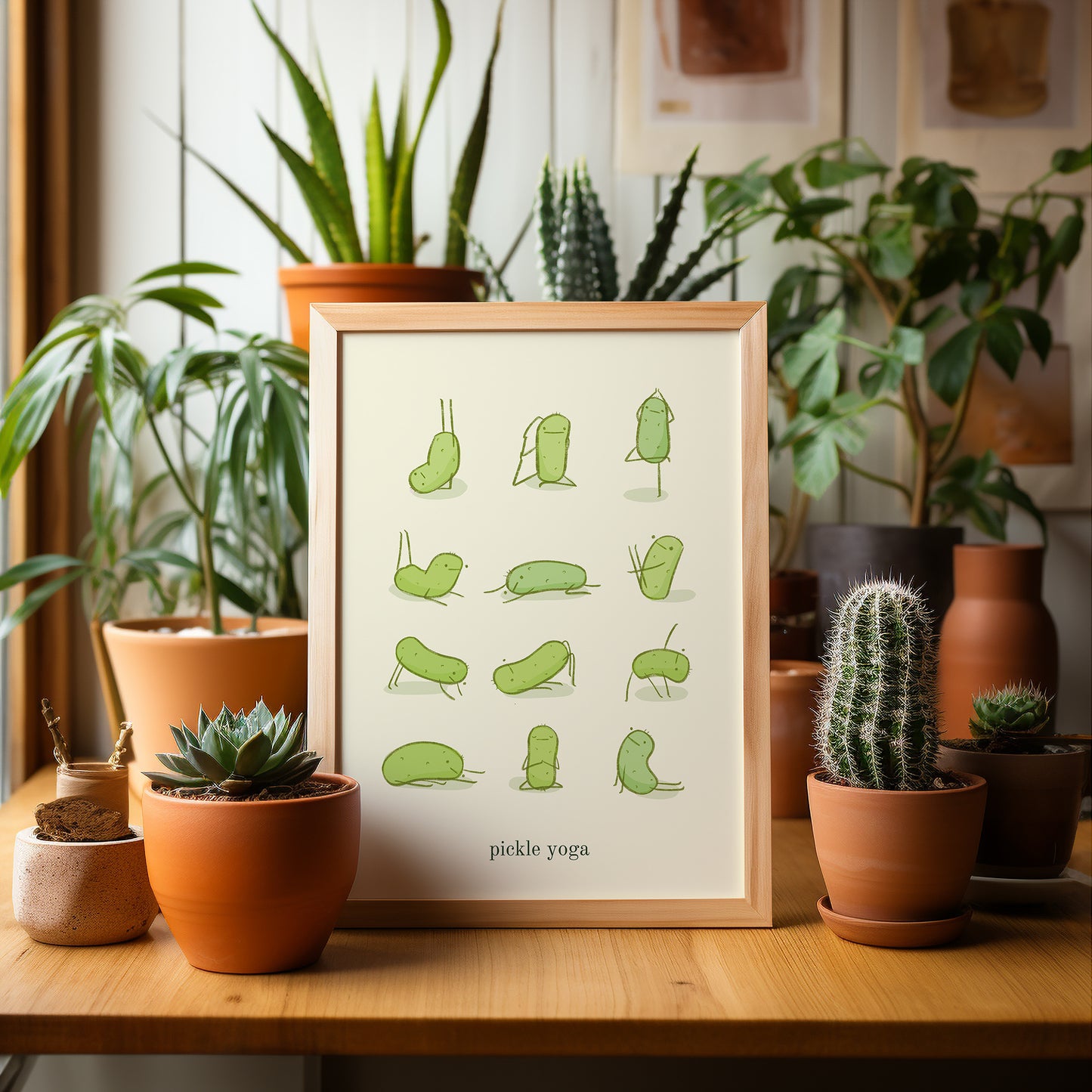 a funny pickle art print features a cute pickle in various yoga poses over text at the bottom that reads &quot;pickle yoga&quot; is displayed in a frame next to various house plants