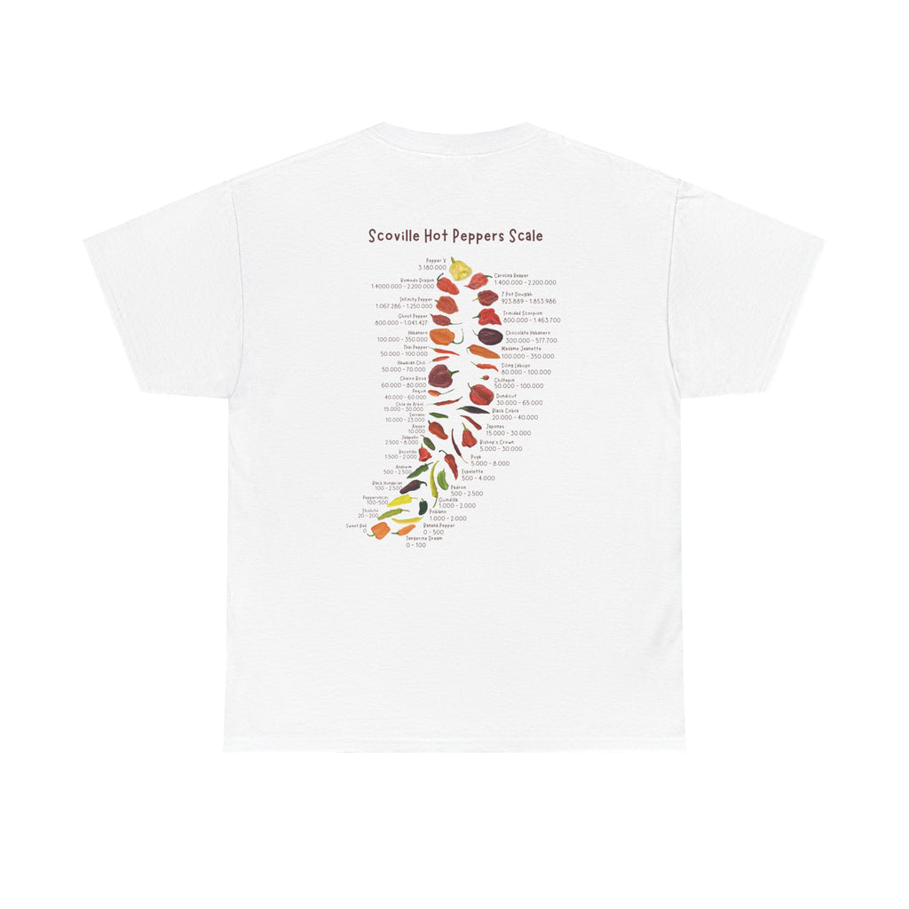 Back of t-shirt showing full Scoville scale chart with illustrated chili peppers and spice levels