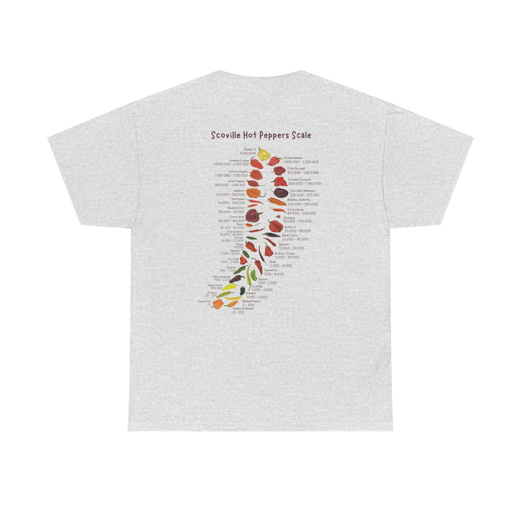 Back of t-shirt showing full Scoville scale chart with illustrated chili peppers and spice levels