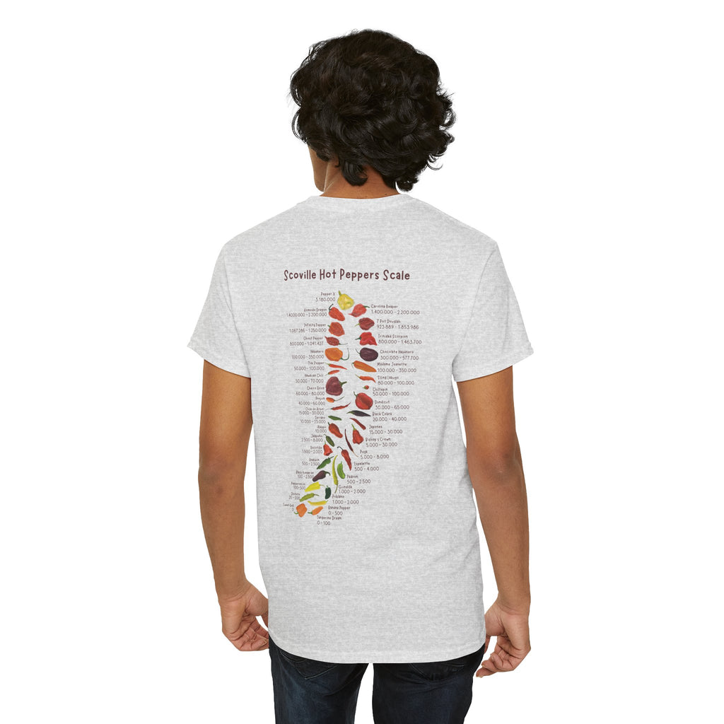 back view of a model wearing a spicy food themed T-shirt featuring a Scoville units chili pepper scale in an illustrated style