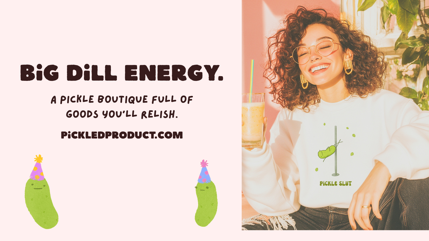 Person wearing a pickle-themed shirt with text promoting 'Big Dill Energy' and a website URL.