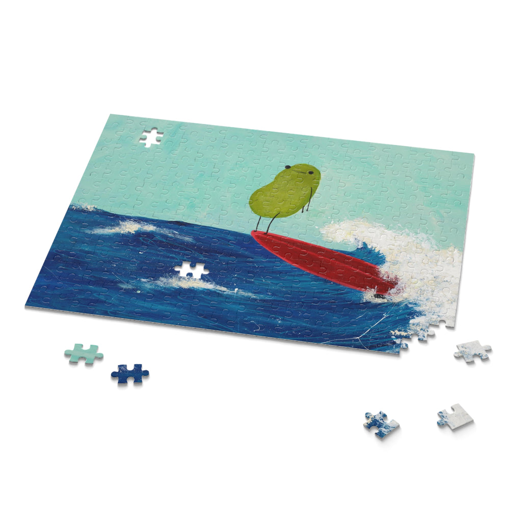 Image of a partially completed 252 piece jigsaw puzzle image containing a whimsical beach scene of a surfing pickle